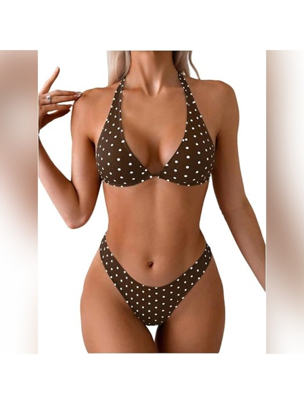 NWT WDIRARA Two Piece Polka Dots Halter Triangle Bikini Set Swimsuit, XS